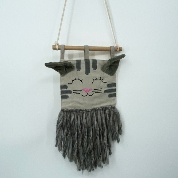 CAT Wall Hanging Textured Animal Natural Room Decor Gray Kitten Wall Art boho - Picture 8 of 10